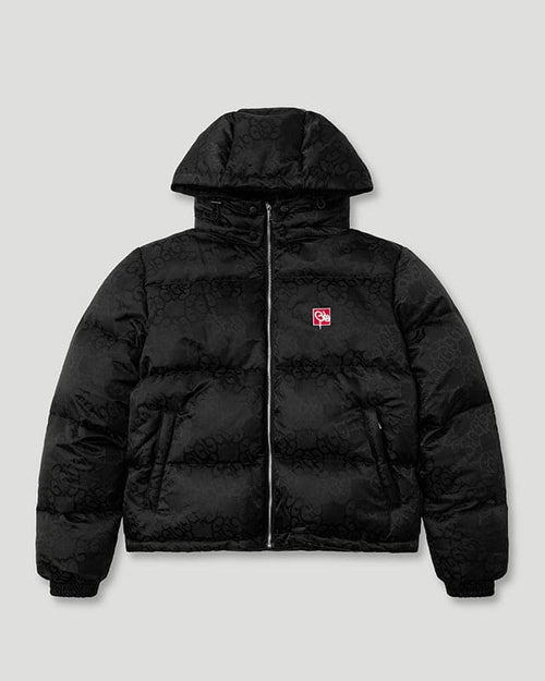 Front view of black Geedup Mono Jacquard Duck Down Jacket