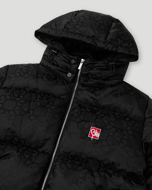 Close-up detail of black Geedup Mono Jacquard Duck Down Jacket